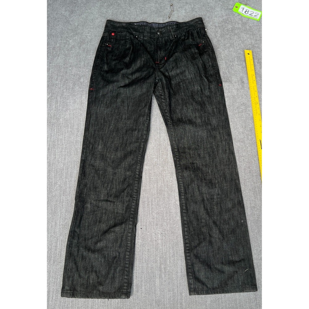 Ecko Unltd Raw & Uncut Jeans Mens 34 Black Denim Red Stitch Grunge Straight Leg